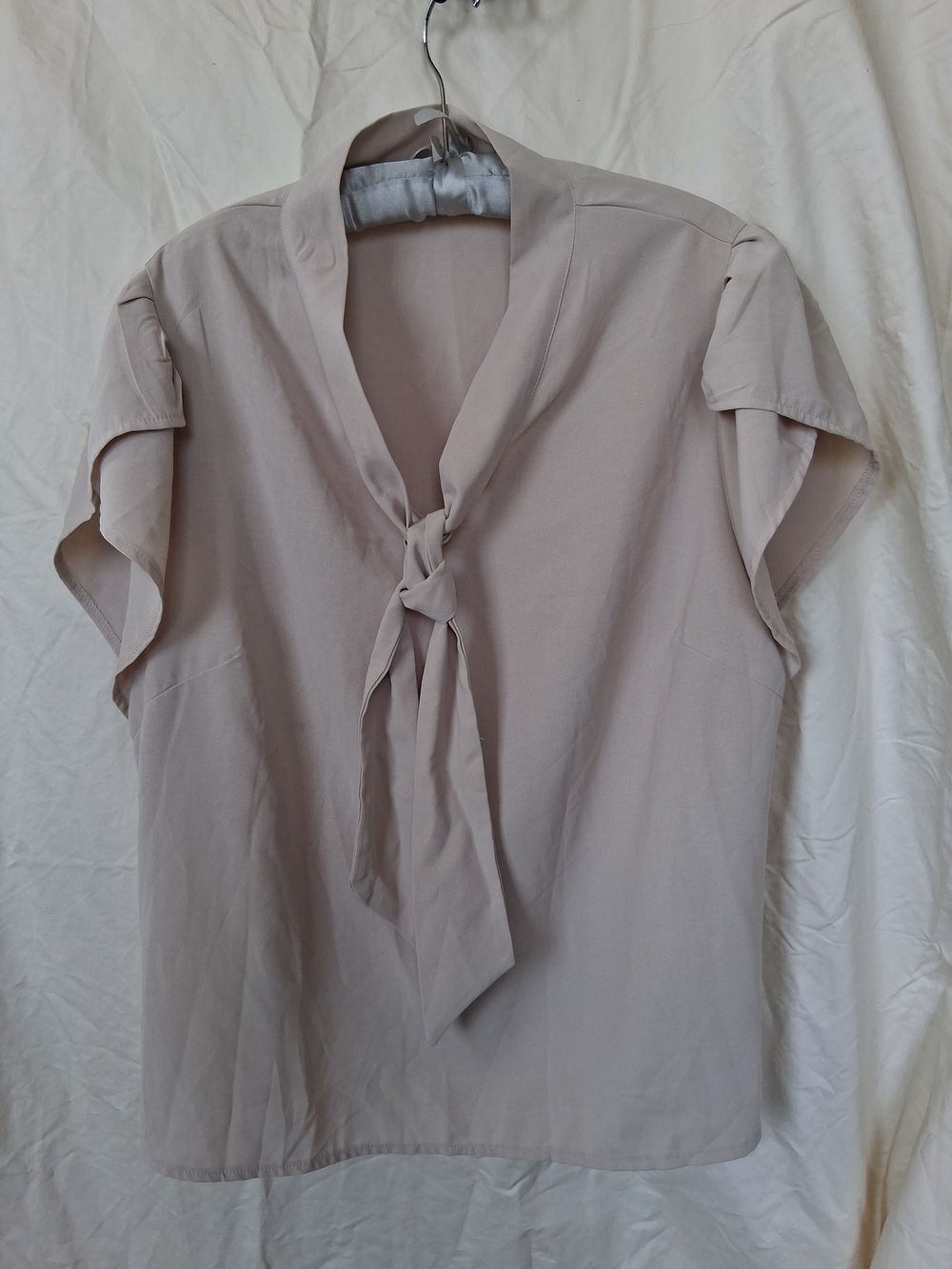 Tie-Neck Cap Sleeve Blouse in Light Taupe